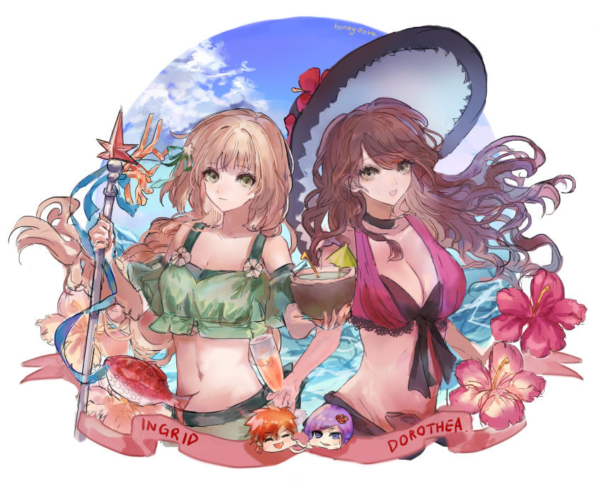 2boys 2girls artist_name blonde_hair brown_hair character_name closed_mouth cup dorothea_arnault drinking_glass fire_emblem fire_emblem:_three_houses fire_emblem_heroes fish flower green_eyes hair_flower hair_ornament hat highres holding holding_cup ingrid_brandl_galatea long_hair lorenz_hellman_gloucester multiple_boys multiple_girls off-shoulder_swimsuit off_shoulder open_mouth polearm swimsuit sylvain_jose_gautier upper_body weapon wine_glass yewsies