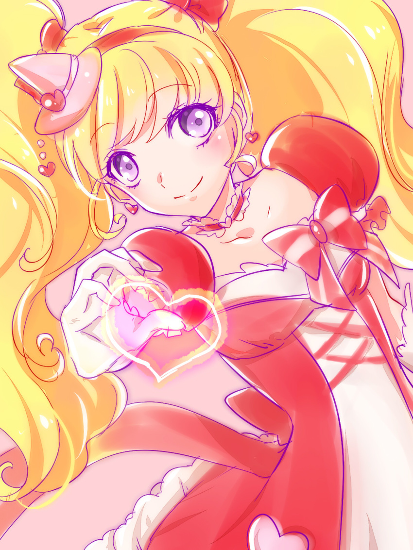 1girl bangs blonde_hair bow breasts choker closed_mouth collarbone cure_miracle dress earrings elbow_gloves eyebrows_visible_through_hair floating_hair frilled_sleeves frills gloves hair_bow hairband hat heart heart_choker heart_earrings highres jewelry long_hair looking_at_viewer mahou_girls_precure! mini_hat pink_background pink_headwear precure red_bow red_hairband shiny shiny_hair shipu_(gassyumaron) short_sleeves sketch small_breasts smile solo very_long_hair violet_eyes white_gloves witch_hat