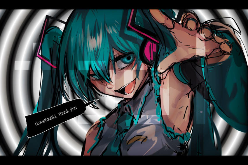 1girl aqua_eyes aqua_hair aqua_neckwear armpits bare_shoulders black_sleeves commentary detached_sleeves empty_eyes english_text foreshortening grey_shirt hair_ornament hatsune_miku headphones long_hair necktie open_mouth outstretched_arm reaching_out shirt sleeveless sleeveless_shirt smile speech_bubble suama_(suama-333) twintails vocaloid