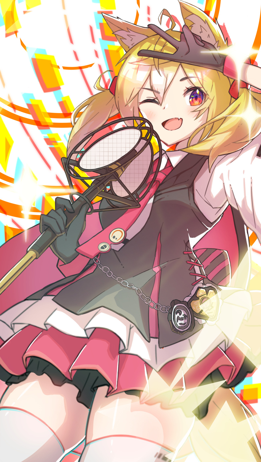 1girl ;d absurdres ahoge animal_ear_fluff animal_ears arknights arm_up bangs black_gloves black_vest blonde_hair commentary_request cowboy_shot eyebrows_visible_through_hair furuki_ayaginutaira gloves hair_between_eyes highres holding layered_skirt looking_at_viewer miniskirt necktie one_eye_closed open_mouth red_eyes red_neckwear shirt short_hair skirt smile solo sora_(arknights) thigh-highs twintails v vest white_legwear white_shirt wolf_ears zettai_ryouiki