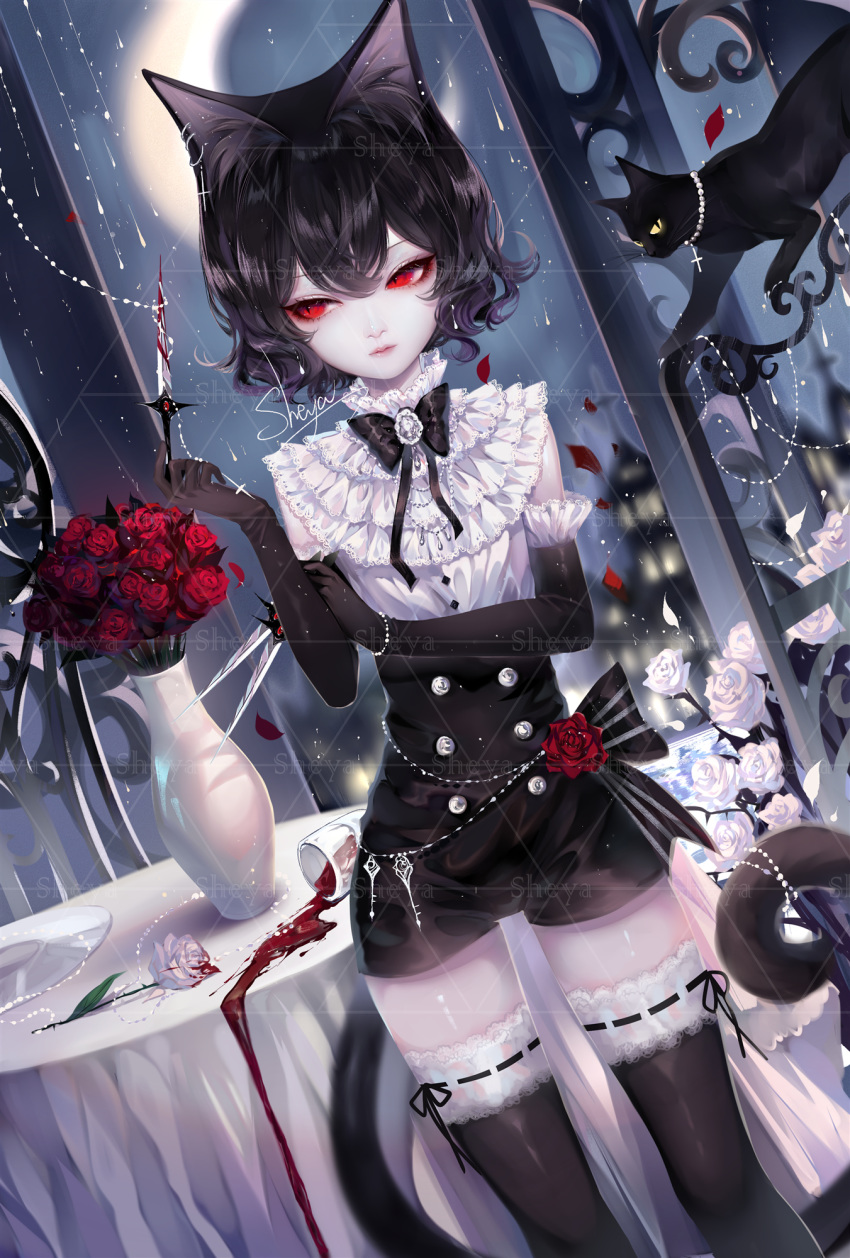1girl animal_ears artist_name bangs black_bow black_cat black_gloves black_hair black_legwear black_neckwear bow bowtie cat cat_ears cat_tail commentary cowboy_shot dutch_angle elbow_gloves flower gloves hand_up highres holding holding_knife holding_weapon knife looking_to_the_side original red_eyes red_flower red_rose rose sheya short_hair signature standing symbol_commentary table tail thigh-highs vase weapon