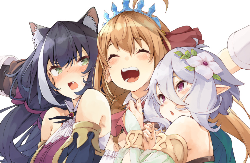 3girls ^_^ ^o^ ahoge animal_ear_fluff animal_ears ascot black_hair blonde_hair blush breasts brooch cat_ears closed_eyes detached_sleeves dress embarrassed eyebrows_visible_through_hair fang flower green_eyes hair_between_eyes hair_flower hair_ornament hair_ribbon hairband hug hug_from_behind iwasaki_takashi jewelry karyl_(princess_connect!) kokkoro_(princess_connect!) lavender_hair long_hair looking_at_another medium_breasts multicolored_hair multiple_girls open_mouth outstretched_arms pecorine pointy_ears princess_connect! princess_connect!_re:dive red_neckwear ribbon short_hair silver_hair simple_background smile spiked_hairband spikes streaked_hair two-tone_hair upper_body violet_eyes white_background