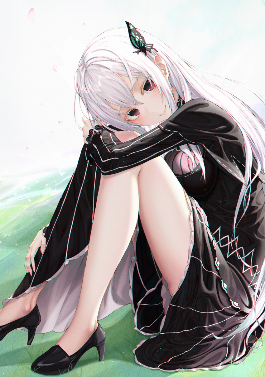 1girl absurdres bangs bare_legs black_capelet black_dress blush breasts butterfly_hair_ornament capelet closed_mouth commentary_request dress echidna_(re:zero) eichi_(skskdi12z) from_side grey_hair hair_ornament head_tilt high_heels highres long_hair long_sleeves looking_at_viewer medium_breasts re:zero_kara_hajimeru_isekai_seikatsu ribbon-trimmed_clothes ribbon-trimmed_sleeves ribbon_trim shoes silver_hair sitting smile solo striped striped_dress thighs violet_eyes