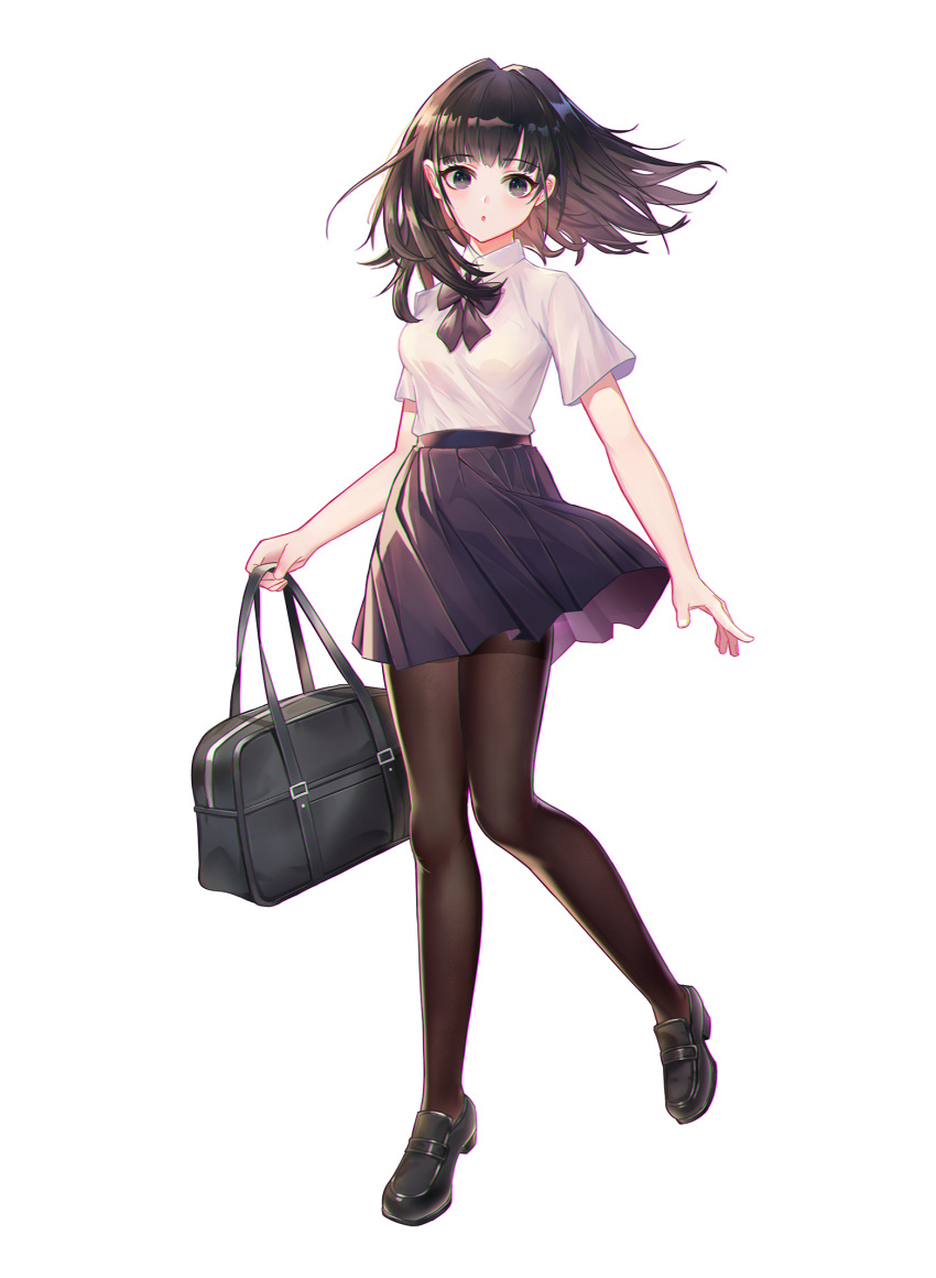 1girl bag bangs black_bow black_eyes black_footwear black_hair black_legwear black_neckwear black_skirt bow bowtie breasts character_request copyright_request eyebrows_visible_through_hair full_body highres holding holding_bag loafers looking_at_viewer miniskirt pantyhose pleated_skirt school_bag shirt shoes short_hair short_sleeves simple_background skirt small_breasts solo standing white_background white_shirt xibianyoushu