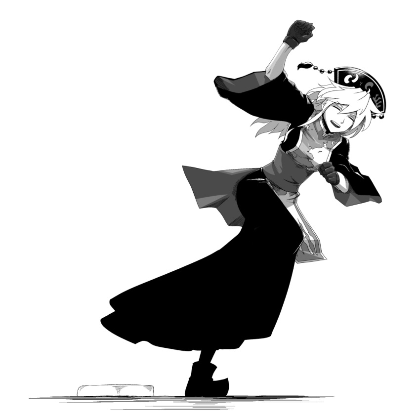 1girl baseball_base black_dress black_headwear breasts clenched_hands closed_eyes commentary dress gloves greyscale hand_up highres junko_(touhou) kikoka_(mizuumi) long_hair monochrome open_mouth raised_fist running simple_background solo tabard tassel touhou white_background
