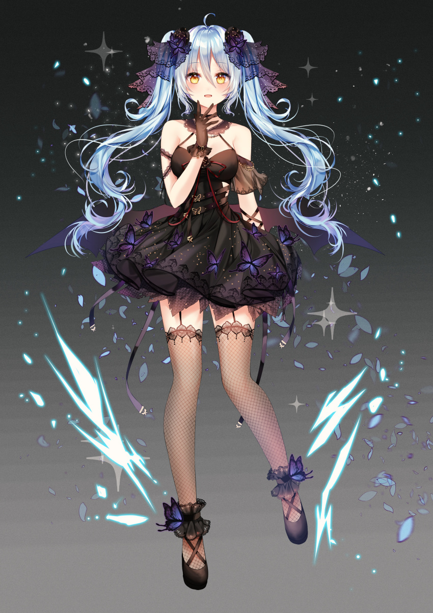 1girl absurdres ahoge ankle_strap arm_at_side bangs black_dress black_footwear black_gloves blue_hair blush bug butterfly commentary_request dark_background demon_wings dress fishnet_legwear fishnets full_body garter_straps gloves gothic_lolita hair_between_eyes hair_ornament hand_up highres insect king's_raid lolita_fashion long_hair looking_at_viewer neck_ribbon open_mouth petals print_dress red_neckwear ribbon sidelocks single_sleeve solo sonia_(king's_raid) sparkle strap taya_5323203 thigh-highs wings yellow_eyes