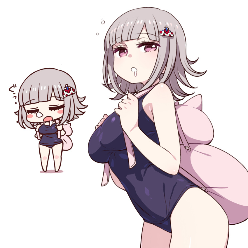 1girl :o alternate_costume backpack bag bangs bare_arms bare_shoulders black_swimsuit blue_swimsuit blunt_bangs blush blush_stickers breasts cat_bag chan_co chibi closed_eyes commentary_request competition_school_swimsuit cowboy_shot dangan_ronpa drooling eyebrows_visible_through_hair flipped_hair full_body hair_ornament hairclip highres large_breasts looking_at_viewer multiple_views nanami_chiaki open_mouth pink_backpack saliva short_hair silver_hair sleeping sleeping_upright sleepy standing super_dangan_ronpa_2 swimsuit thighs translation_request violet_eyes