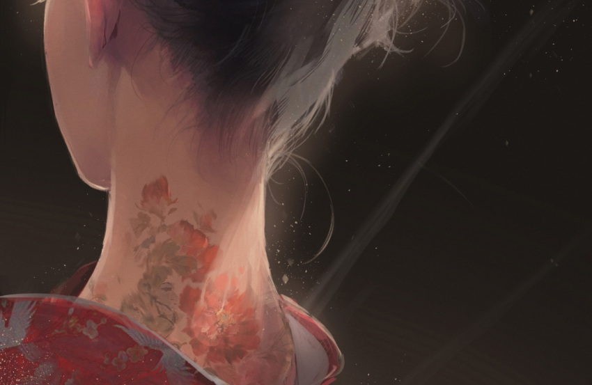1girl black_hair chinese_commentary close-up commentary_request dark_background eyelashes facing_away flower_tattoo from_behind japanese_clothes kimono light_particles nape neck_tattoo onebill original red_kimono tattoo