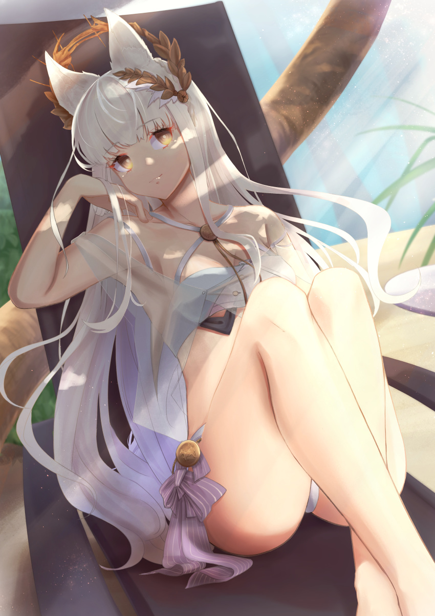 1girl absurdres animal_ears arknights armpits bangs bare_legs bikini commentary_request criss-cross_halter eyebrows_visible_through_hair feet_out_of_frame halterneck hand_up head_tilt highres hitsuji_no_rice huge_filesize knees_up laurel_crown long_hair looking_at_viewer platinum_(arknights) silver_hair sitting solo swimsuit thighs very_long_hair yellow_eyes