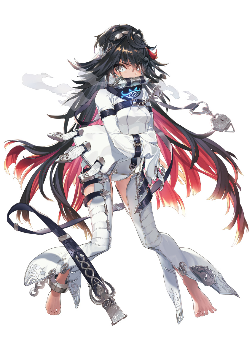 1girl absurdres bangs barefoot bit_gag black_eyes black_hair colored_inner_hair cuffs eyebrows_visible_through_hair full_body gag gagged headband high_collar highres king's_raid long_hair looking_at_viewer multicolored_hair redhead sachimaa shackles sleeves_past_wrists solo transparent_background two-tone_hair