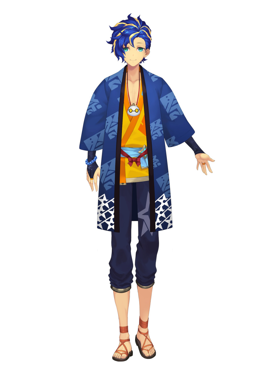 1boy alternate_hairstyle astel_leda bangs blonde_hair blue_hair closed_mouth commentary_request full_body green_eyes hair_over_one_eye highres holostars jacket japanese_clothes kimono looking_at_viewer male_focus multicolored_hair nakamura_eight official_alternate_costume official_art short_hair simple_background sketch smile solo two-tone_hair virtual_youtuber white_background
