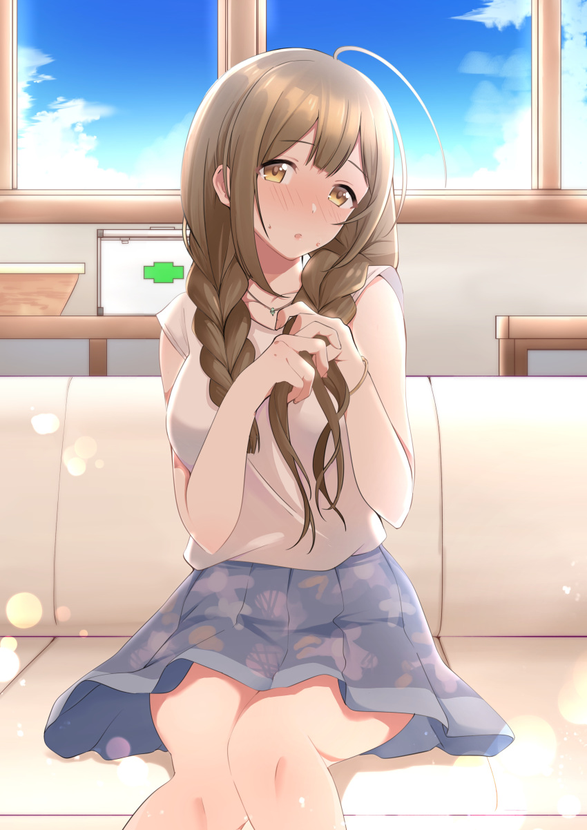 1girl :o absurdres antenna_hair bangs blue_skirt blue_sky blunt_bangs blush bracelet braid braiding_hair breasts brown_eyes brown_hair clouds collarbone couch first_aid_kit floral_print hairdressing hand_in_hair highres idolmaster idolmaster_shiny_colors indoors jewelry kakao_taro kuwayama_chiyuki large_breasts long_hair looking_at_viewer necklace open_mouth pleated_skirt shirt sitting skirt sky sleeveless solo table twin_braids twintails white_shirt window