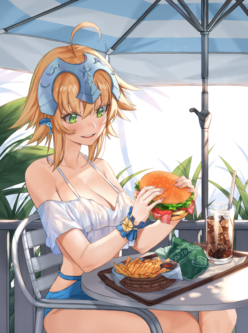 1girl alternate_costume blonde_hair blush breasts chair cup dolphin dolphin_hair_ornament drink drinking_glass fate/grand_order fate_(series) food french_fries green_eyes hamburger headpiece highres jeanne_d'arc_(fate) jeanne_d'arc_(fate)_(all) jeanne_d'arc_(swimsuit_archer) light_blush medium_hair off-shoulder_shirt off_shoulder outdoors piyo_(pixiv_2308057) shirt short_sleeves smile table white_shirt