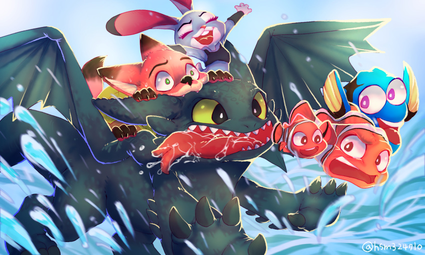 2girls 4boys :d achakoora animal_ears body_armor closed_eyes collared_shirt crossover disney dory_(finding_nemo) dragon dragon_riding dragon_wings dreamworks finding_nemo fox fox_ears fox_tail furry green_eyes highres how_to_train_your_dragon judy_hopps long_sleeves marlin multiple_boys multiple_girls necktie nemo_(finding_nemo) nick_wilde ocean open_mouth pants pixar police police_uniform policewoman rabbit rabbit_ears shirt sitting smile tail tongue tongue_out toothless tropical_fish uniform wings zootopia