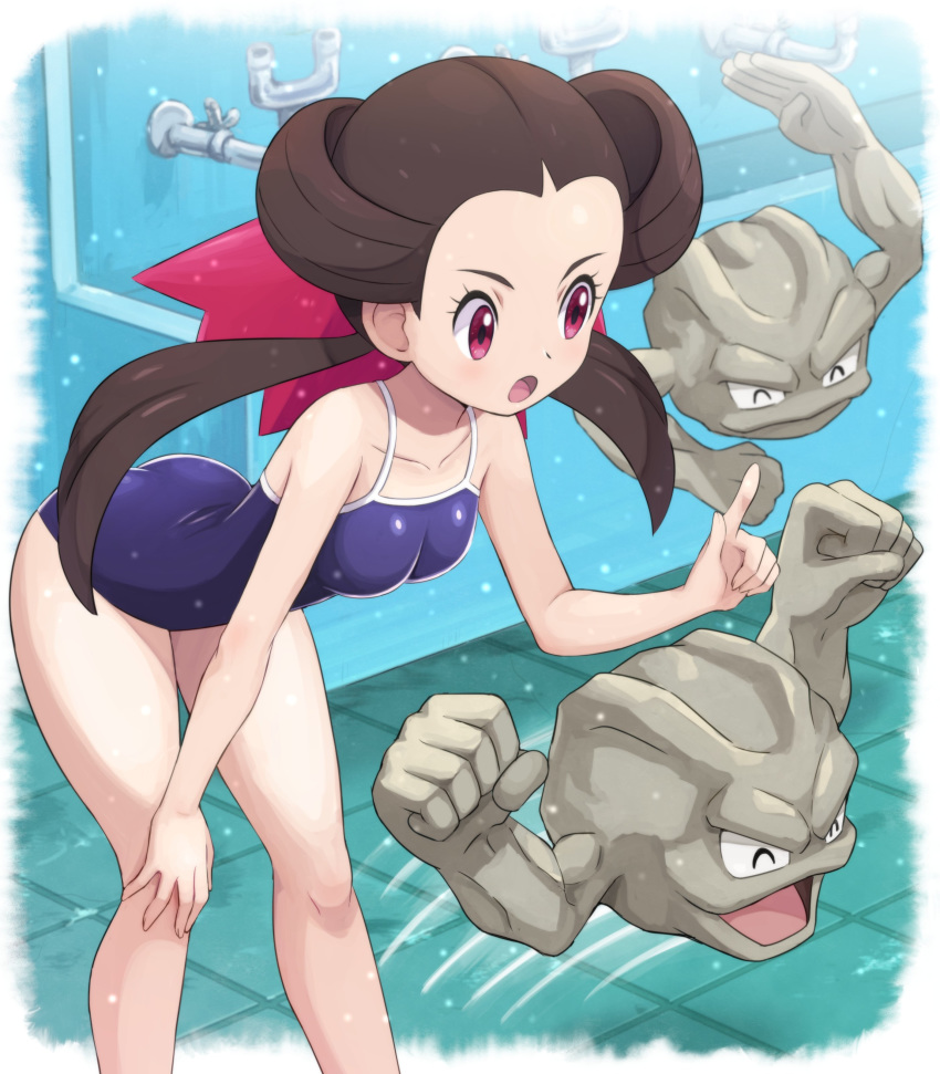 1girl absurdres alternate_costume arched_back bent_over blush breasts brown_hair collarbone commentary_request eyelashes gen_1_pokemon geodude hair_ribbon hand_on_own_knee highres index_finger_raised knees long_hair motion_lines one-piece_swimsuit open_mouth pink_eyes pink_ribbon pokemoa pokemon pokemon_(creature) pokemon_(game) pokemon_oras purple_swimsuit ribbon swimsuit tile_floor tiles tongue tsutsuji_(pokemon) twintails