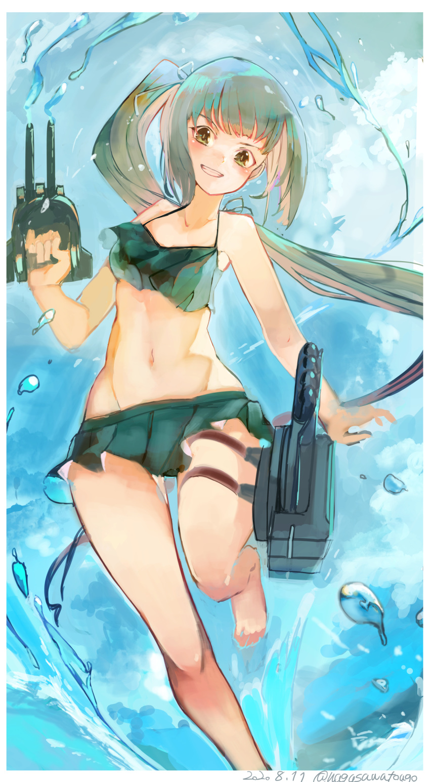 1girl absurdres bangs barefoot bikini bikini_skirt blue_bikini border brown_eyes clouds dated day grey_hair grin hair_ribbon highres holding kantai_collection kasumi_(kantai_collection) long_hair nagasawa_tougo outdoors ponytail ribbon rigging side_ponytail sky smile solo swimsuit twitter_username water