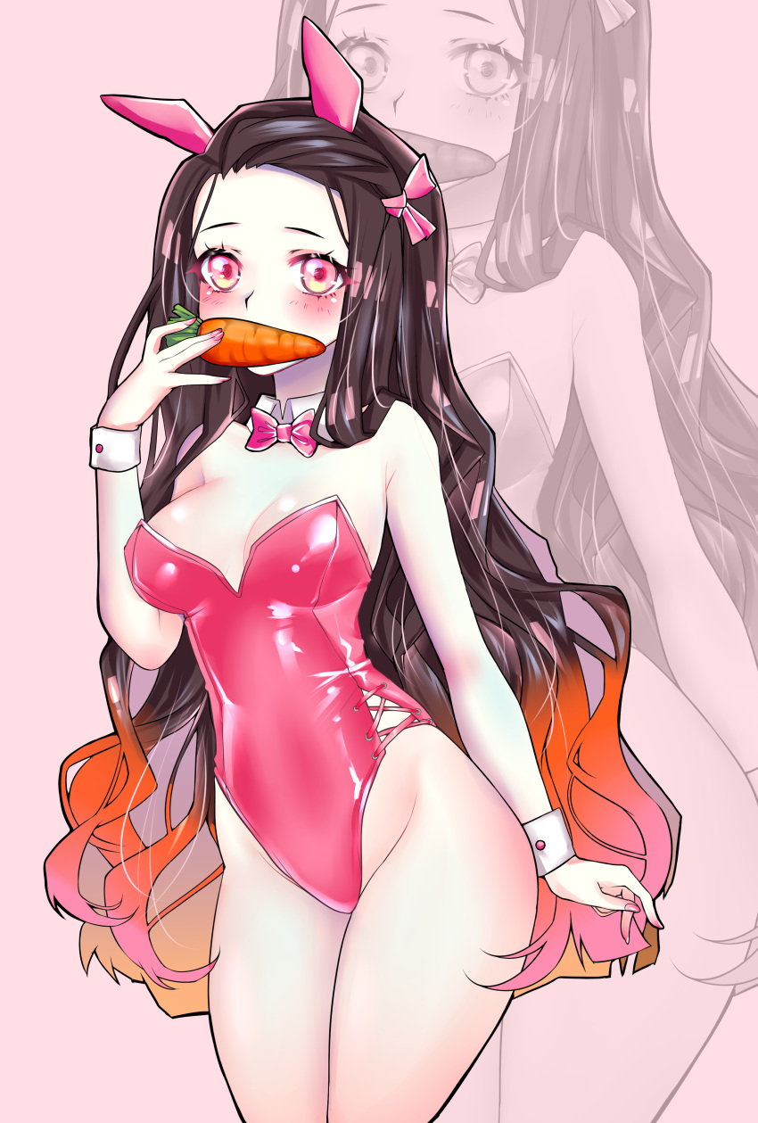 1girl absurdres animal_ears black_hair bow bowtie breasts bunny_girl bunnysuit carrot cowboy_shot detached_collar english_commentary gradient_hair highres kamado_nezuko kimetsu_no_yaiba leotard long_hair looking_at_viewer medium_breasts mouth_hold multicolored_hair necrotenshi pink_background pink_eyes pink_leotard pink_neckwear rabbit_ears simple_background solo standing strapless strapless_leotard very_long_hair wrist_cuffs zoom_layer