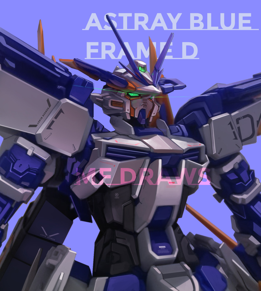 absurdres artist_name brayanong999 character_name close-up commentary english_commentary green_eyes gundam gundam_astray_blue_frame gundam_astray_blue_frame_d gundam_seed gundam_seed_destiny gundam_seed_destiny_astray_b highres looking_ahead mecha mixed-language_commentary no_humans solo upper_body v-fin watermark