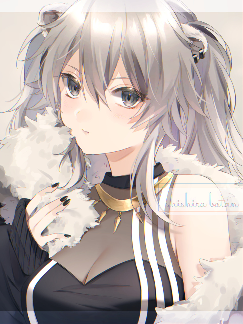 1girl absurdres animal_ears bare_shoulders blush breasts character_name earrings eyebrows_visible_through_hair fur-trimmed_jacket fur_trim grey_eyes grey_hair hair_between_eyes hand_up harui_(hr_x9_) highres hololive jacket jewelry large_breasts lion_ears lion_girl long_hair looking_at_viewer necklace shirt shishiro_botan sleeveless sleeveless_shirt sleeves_past_wrists solo virtual_youtuber