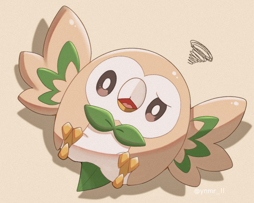 animal_focus artist_name bird black_eyes bright_pupils brown_background commentary_request from_above full_body looking_at_viewer lying no_humans on_back open_mouth pokemon pokemon_(creature) rowlet simple_background squiggle straight-on tongue twitter_username uneven_eyes watermark white_pupils ynmr_ll
