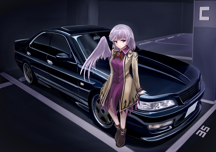 1girl 3books absurdres bangs car commentary eyebrows_visible_through_hair ground_vehicle highres kishin_sagume looking_to_the_side motor_vehicle nissan nissan_laurel single_wing touhou vehicle_focus violet_eyes wings