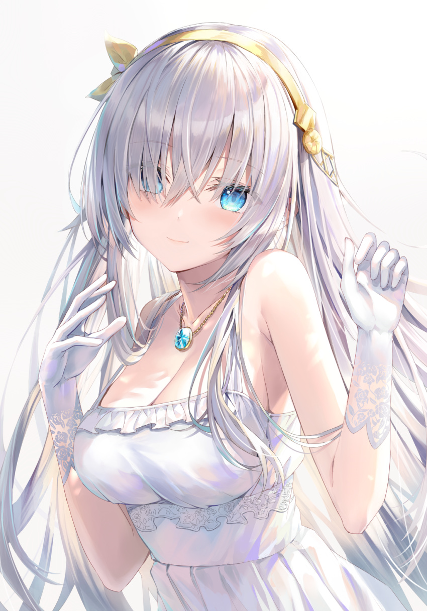 1girl anastasia_(fate/grand_order) aquamarine_(gemstone) bangs bare_shoulders blue_eyes blush breasts dress eyebrows_visible_through_hair fate/grand_order fate_(series) gloves hair_between_eyes hair_over_one_eye hairband hands_up highres jewelry large_breasts long_hair looking_at_viewer necklace rin_yuu silver_hair sleeveless sleeveless_dress smile solo very_long_hair white_gloves