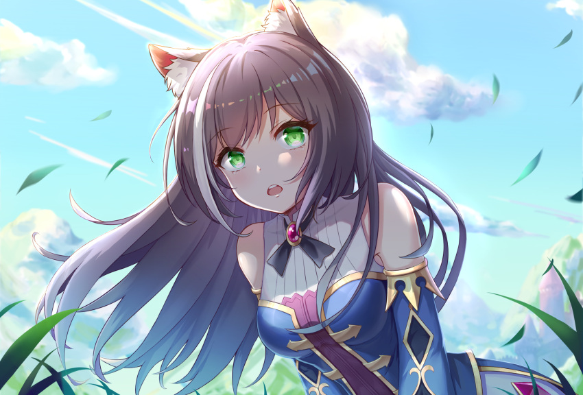 1girl animal_ear_fluff animal_ears bangs black_ribbon blue_sky blue_sleeves breasts brown_hair cat_ears cat_girl clouds day detached_sleeves eyebrows_visible_through_hair floating_hair green_eyes highlights highres karyl_(princess_connect!) leaning_forward long_hair long_sleeves medium_breasts multicolored_hair neck_ribbon open_mouth outdoors princess_connect! princess_connect!_re:dive ribbon shiny shiny_hair sky sky_(pixiv10081512) solo very_long_hair