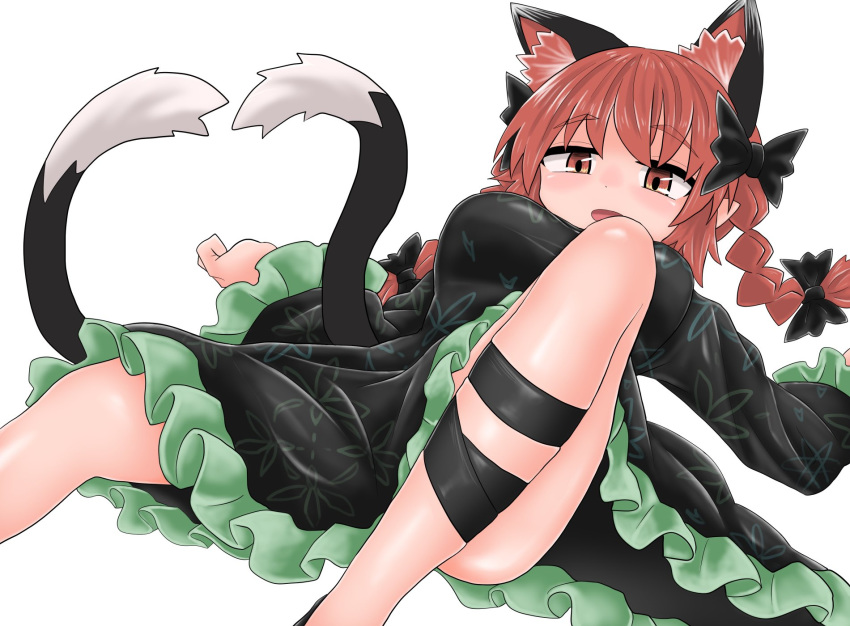 1girl animal_ears bangs black_bow black_dress black_footwear black_legwear black_tail bow braid breasts cat_ears cat_tail chups dress extra_ears eyebrows_visible_through_hair frilled_dress frilled_sleeves frills green_frills hair_bow highres kaenbyou_rin large_breasts leg_up long_sleeves looking_at_viewer lying multiple_tails nekomata on_back open_mouth red_eyes red_neckwear redhead short_hair simple_background smile solo tail touhou twin_braids two_tails white_background