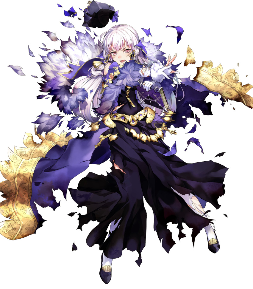 1girl amagai_tarou bangs book closed_mouth dress elbow_gloves facial_scar fire_emblem fire_emblem:_three_houses fire_emblem_heroes full_body fur_collar fur_trim gloves hair_ornament hat highres holding holding_book lips long_dress long_hair long_skirt lysithea_von_ordelia official_art open_mouth purple_footwear scar scar_on_cheek silver_hair simple_background skirt solo strapless strapless_dress tied_hair torn_clothes torn_dress torn_gloves torn_hat torn_legwear transparent_background violet_eyes white_gloves white_legwear