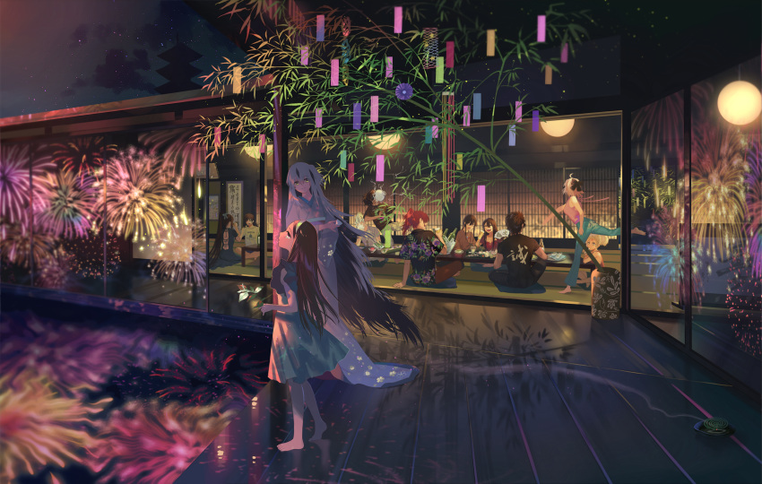 5girls 6+boys ahoge akechi_mitsuhide_(fate/grand_order) alcohol alternate_costume architecture bamboo barefoot beer beer_bottle black_hair black_shirt blue_dress blue_kimono brown_hair casual chacha_(fate/grand_order) closed_eyes commentary_request contemporary cup denim dress drinking drunk east_asian_architecture evening fan fate_(series) fireworks flower folding_fan hairband half_updo hanging_scroll highres hijikata_toshizou_(fate/grand_order) hime_cut holding holding_fan holding_flower japanese_clothes jeans kimono lantern long_hair long_table looking_at_another mori_nagayoshi_(fate) mosquito_coil mug multicolored_hair multiple_boys multiple_girls nagao_kagetora_(fate) night night_sky oda_nobukatsu_(fate/grand_order) oda_nobunaga_(fate) oda_nobunaga_(fate)_(all) okada_izou_(fate) okita_souji_(fate) okita_souji_(fate)_(all) open_mouth oryou_(fate) pagoda pants paper_fan party pink_shirt platinum_blonde_hair pond ponytail redhead sakamoto_ryouma_(fate) scroll shirt short_hair sitting sky sliding_doors smile star_(sky) starry_sky straight_hair t-shirt table tanabata tank_top tatami throwing topknot toyotomi_hideyoshi_(koha-ace) two-tone_hair veranda warabi_tama white_hair wooden_floor