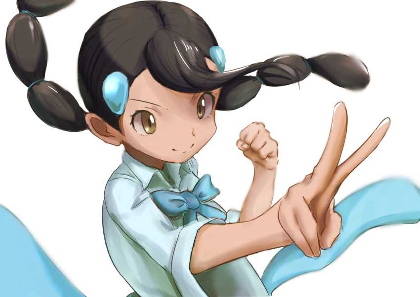 1girl absurdres bangs bikkuriii black_hair blue_neckwear bow bowtie brown_eyes clenched_hand closed_mouth clothes_around_waist collared_shirt commentary_request eyebrows_visible_through_hair eyelashes gym_leader hair_ornament hands_up highres long_hair multi-tied_hair pokemon pokemon_(game) pokemon_dppt shirt smile solo suzuna_(pokemon) sweater sweater_around_waist twintails v v-shaped_eyebrows wide_sleeves