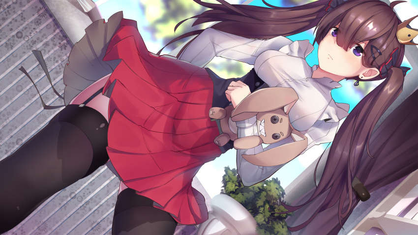 1girl absurdres ahoge black_legwear breasts brown_hair closed_mouth crown dress dutch_angle earrings eyebrows_visible_through_hair garter_straps hair_between_eyes hair_ornament hairclip highres jewelry leaning_to_the_side long_hair medium_breasts original plant pleated_skirt red_skirt scallion15 skirt sky solo stuffed_animal stuffed_toy thigh-highs twintails violet_eyes