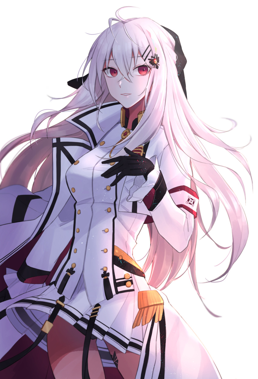 1girl armband bangs blush bow breasts commentary_request cowboy_shot crossed_bangs double-breasted eyebrows_visible_through_hair floating_hair girls_frontline gloves hair_between_eyes hair_ornament hair_ribbon hairclip hand_up highres iws-2000_(girls_frontline) jacket light_particles long_hair long_sleeves looking_at_viewer military military_uniform open_clothes open_jacket parted_lips pleated_skirt qb_516 red_eyes ribbon shirt sidelocks silver_hair simple_background skirt smile solo thighs uniform white_background white_jacket white_skirt
