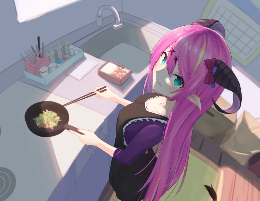 1girl absurdres blue_eyes blurry blurry_background breasts chopsticks cooking fang food frying_pan hair_between_eyes highres hololive horns kitchen looking_at_viewer mano_aloe pointy_ears purple_hair solo virtual_youtuber window
