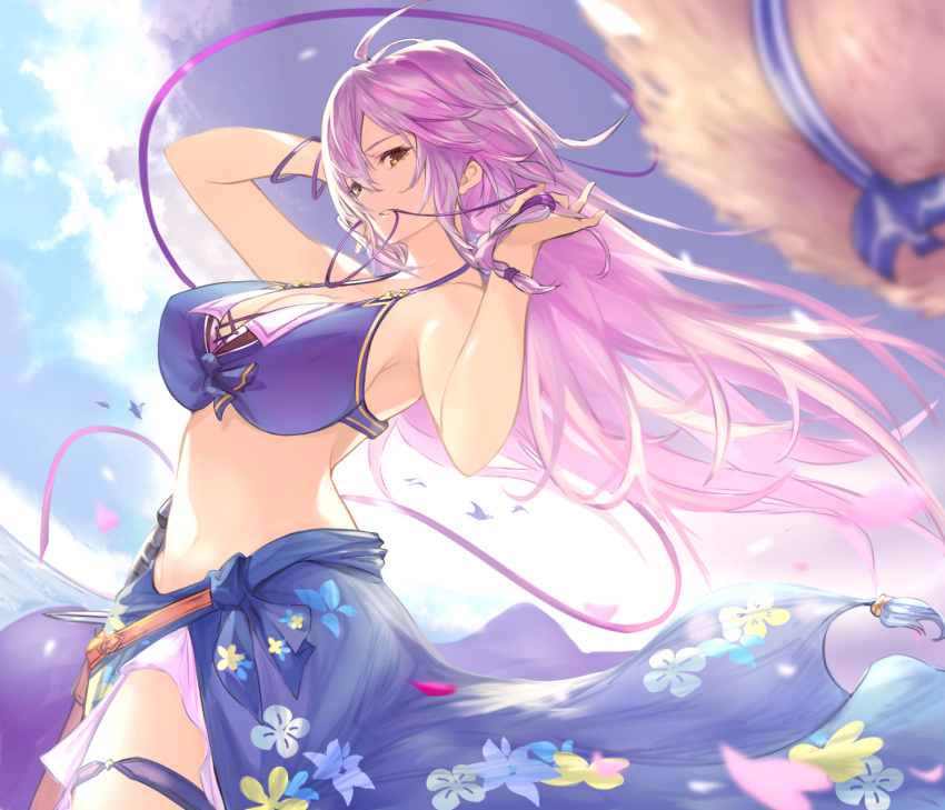 1girl ahoge bare_shoulders bikini bikini_top blue_sky bracelet breasts clouds commentary_request dutch_angle granblue_fantasy hair_ribbon hat hat_removed headwear_removed highres jewelry large_breasts long_hair looking_at_viewer mouth_hold navel nos ribbon ribbon_in_mouth sarong silva_(granblue_fantasy) silver_hair sky solo straw_hat swimsuit thigh_strap yellow_eyes