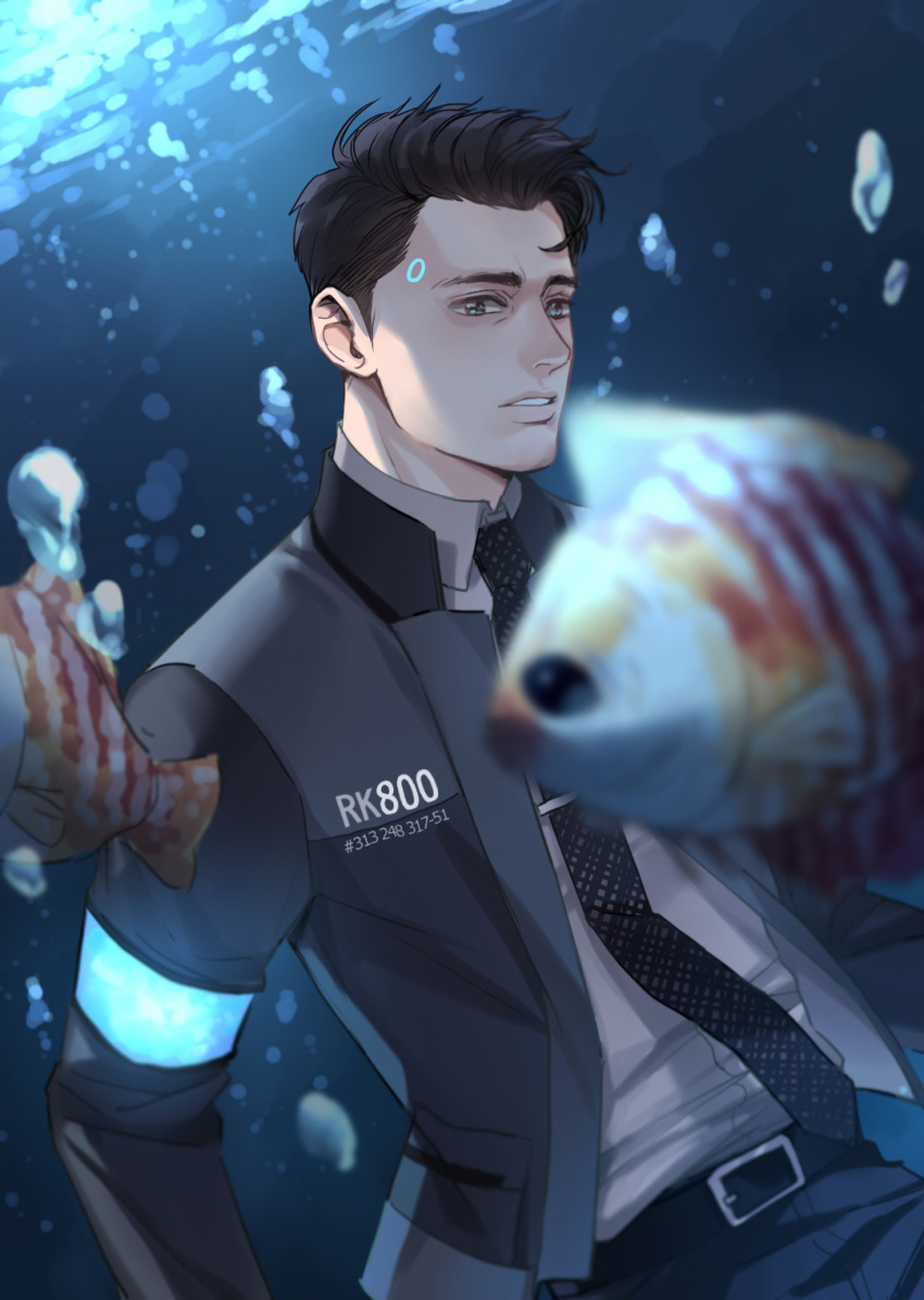 1boy android arethusa_smile belt black_hair brown_eyes bubble connor_(detroit) detroit:_become_human expressionless highres jacket looking_at_viewer male_focus necktie open_clothes pants shirt solo tropical_fish underwater upper_body