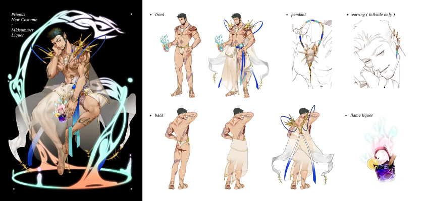 1boy abs absurdres alternate_costume bara black_hair character_sheet chest chiizu_namasu cup drinking_glass facial_hair full_body green_eyes gyee hand_on_own_face highres jewelry looking_at_viewer male_focus muscle navel necklace nipples open_clothes pectorals priapus priapus_(gyee) reference_sheet revealing_clothes seashell shell sitting smile solo tattoo