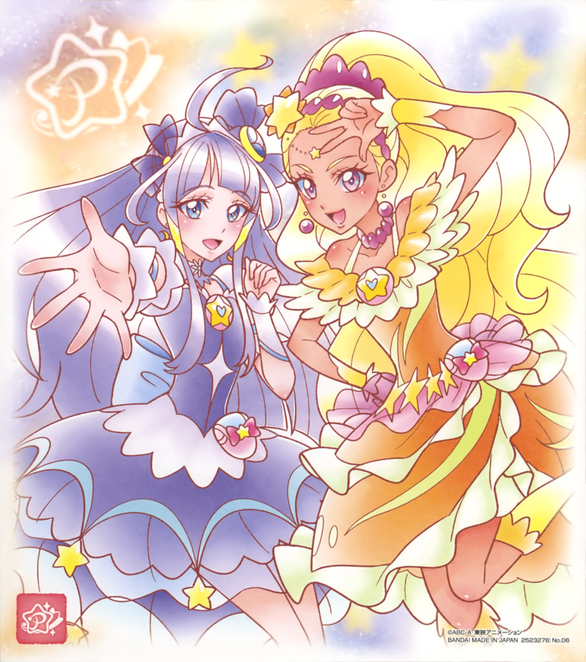 2girls :d blonde_hair blue_eyes circlet collarbone cure_selene cure_soleil dress earrings floating_hair hand_on_hip highres jewelry leg_up long_hair multiple_girls official_art open_mouth orange_dress outstretched_arm outstretched_hand precure purple_dress purple_hair shiny shiny_hair short_sleeves smile standing star_twinkle_precure very_long_hair violet_eyes yellow_legwear