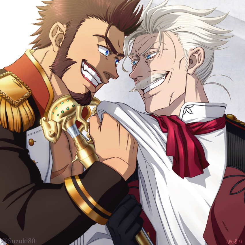 2boys beard blue_eyes brown_hair chest commentary_request epaulettes facial_hair fate/grand_order fate_(series) fighting_stance gloves grey_hair highres james_moriarty_(fate/grand_order) long_sleeves male_focus military military_uniform multiple_boys muscle mustache napoleon_bonaparte_(fate/grand_order) pectorals scar simple_background smile staff suzuki80 teeth uniform vest