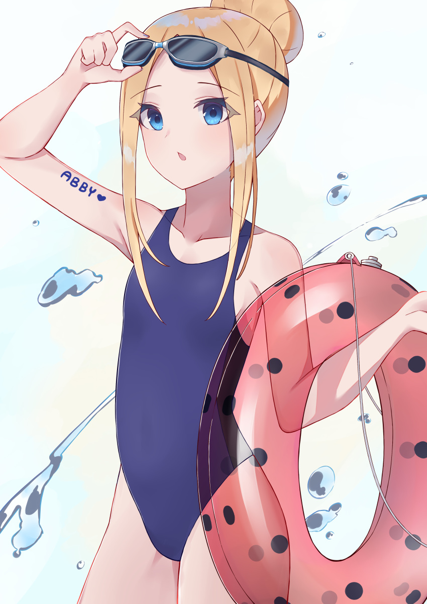 1girl abigail_williams_(fate/grand_order) absurdres bangs blonde_hair blue_eyes blue_swimsuit blush body_writing breasts character_name collarbone fate/grand_order fate_(series) forehead goggles goggles_on_head hair_bun highleg highleg_swimsuit highres innertube long_hair one-piece_swimsuit open_mouth parted_bangs pillow_(blackpirou) sidelocks small_breasts swimsuit water