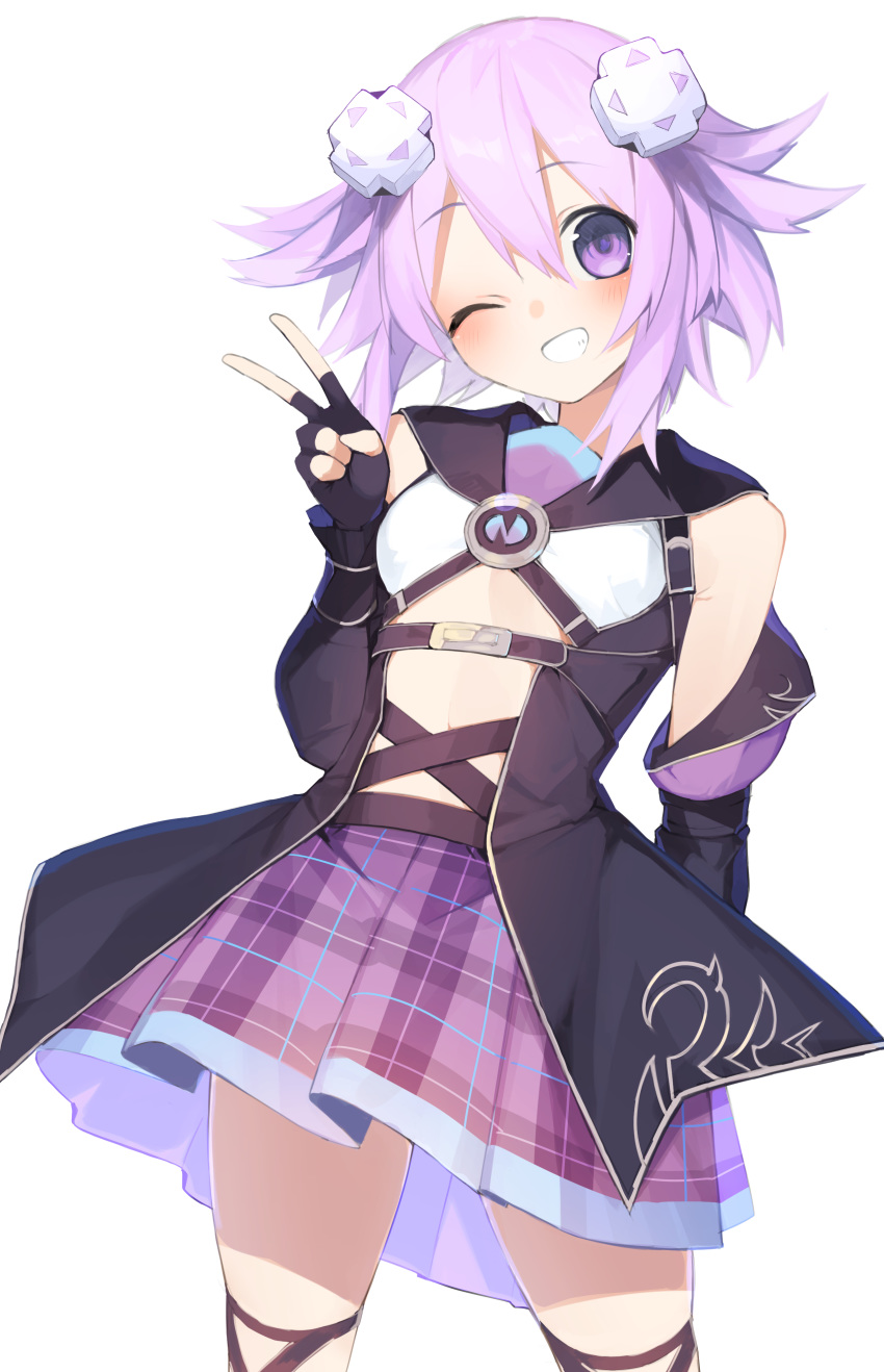 1girl absurdres blush buran_buta d-pad d-pad_hair_ornament fingerless_gloves gloves grin hair_ornament highres looking_at_viewer neptune_(neptune_series) neptune_(series) one_eye_closed plaid plaid_skirt pleated_skirt purple_hair short_hair simple_background skirt smile solo v violet_eyes white_background