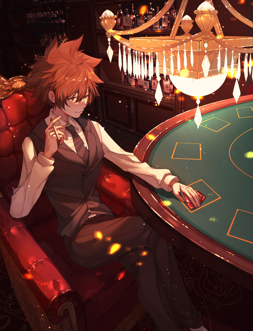 1boy absurdres arm_up armchair bangs bar belt_buckle black_neckwear black_pants black_vest bottle brown_eyes brown_hair buckle card chair chandelier cigarette closed_mouth collar collared_shirt crossed_legs cup drinking_glass eyebrows_visible_through_hair highres holding holding_card holding_cigarette indoors katekyo_hitman_reborn long_sleeves looking_down male_focus necktie on_chair pants poker poker_table sawada_tsunayoshi shade shirt short_hair sitting smile solo spiky_hair table vest white_shirt wine_glass wuhuohuohuo