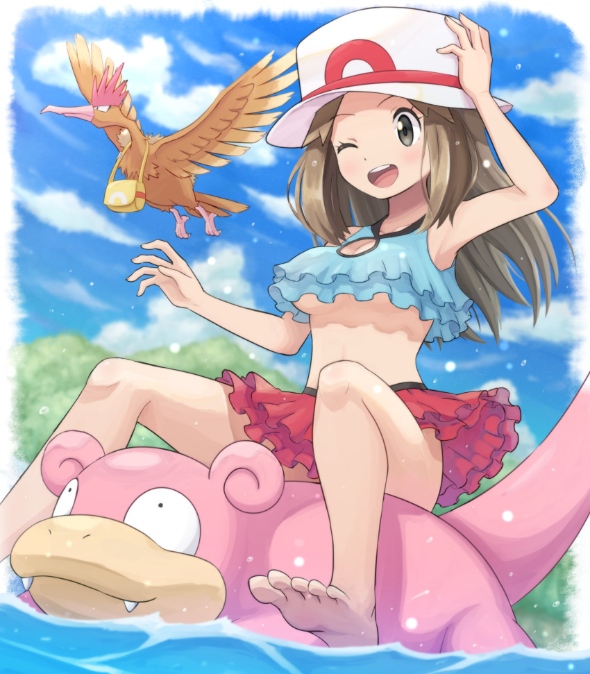 1girl absurdres afloat arm_up armpits barefoot blush brown_hair clouds commentary_request day eyelashes fearow gen_1_pokemon hand_on_headwear hand_up highres leaf_(pokemon) long_hair one_eye_closed open_mouth outdoors pokemoa pokemon pokemon_(game) pokemon_frlg red_skirt riding_pokemon sitting skirt sky slowpoke soles teeth toes tongue upper_teeth water white_headwear