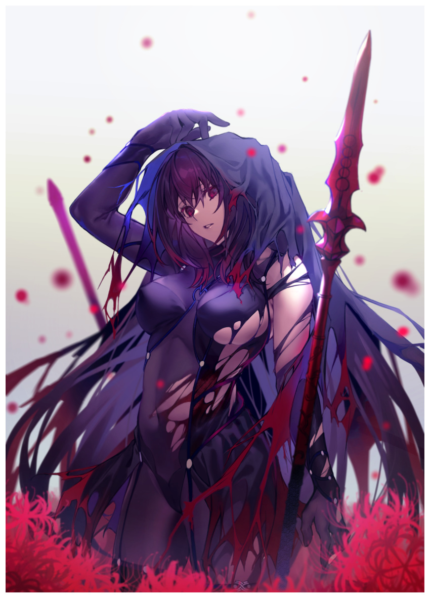 1girl absurdres arm_up bodysuit breasts fate/grand_order fate_(series) gae_bolg highres hiro_(hirohiro_gorira) huge_filesize large_breasts leotard long_hair parted_lips polearm purple_bodysuit purple_hair purple_leotard red_eyes scathach_(fate)_(all) scathach_(fate/grand_order) solo spear torn_bodysuit torn_clothes veil weapon