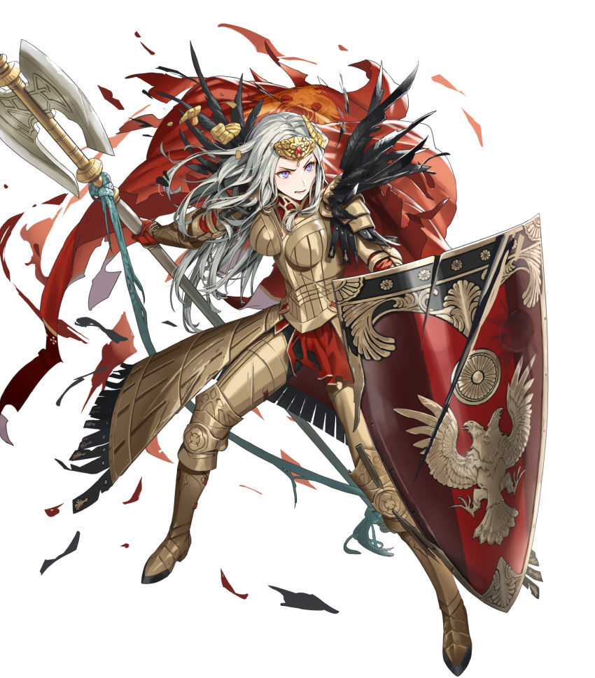1girl armor armored_boots axe battle_axe black_legwear blue_eyes boots breastplate cape closed_mouth crown cuboon edelgard_von_hresvelg feather_trim feathers fire_emblem fire_emblem:_three_houses fire_emblem_heroes full_body gauntlets hair_ornament highres holding holding_weapon lips looking_at_viewer official_art pantyhose red_cape shield silver_hair solo transparent_background weapon