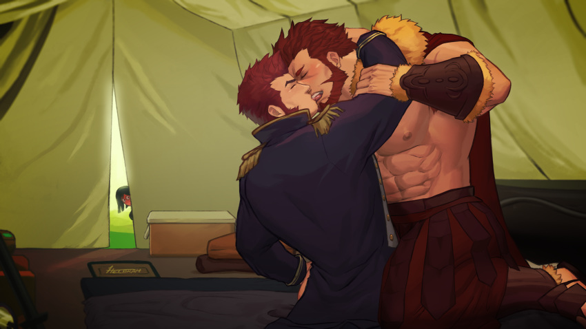 3boys abs absurdres bara beard blush body_hair brown_hair cape chest closed_eyes couple epaulettes facial_hair fate/grand_order fate_(series) french_kiss green_hair hand_around_neck hand_on_another's_arm hand_on_another's_thigh highres iskandar_(fate) kiss long_sleeves male_focus manly military military_uniform multiple_boys muscle napoleon_bonaparte_(fate/grand_order) nipples pants pectorals peeking_out redhead sandals shirtless skirt tent third-party_source tongue tongue_out uniform waver_velvet whyhelbram yaoi