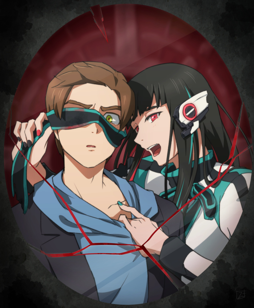 1boy 1girl as_(kamen_rider_01) blindfold blindfold_slip brown_hair enseki_(tenseiseki) hiden_aruto highres hood hoodie hoodie_tug kamen_rider kamen_rider_01_(series) looking_to_the_side open_mouth red_eyes tokusatsu yellow_eyes