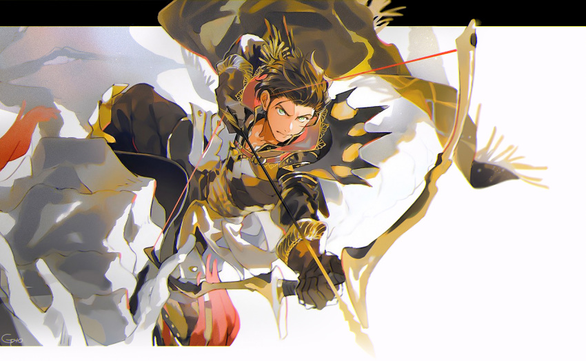 1boy arrow_(projectile) attack bow_(weapon) brown_hair buckle cape cape_billowing claude_von_riegan fire_emblem fire_emblem:_three_houses gold_trim gotou_(pixiv37128) green_eyes high_collar incoming_attack long_pants long_sleeves pants short_hair simple_background tassel weapon