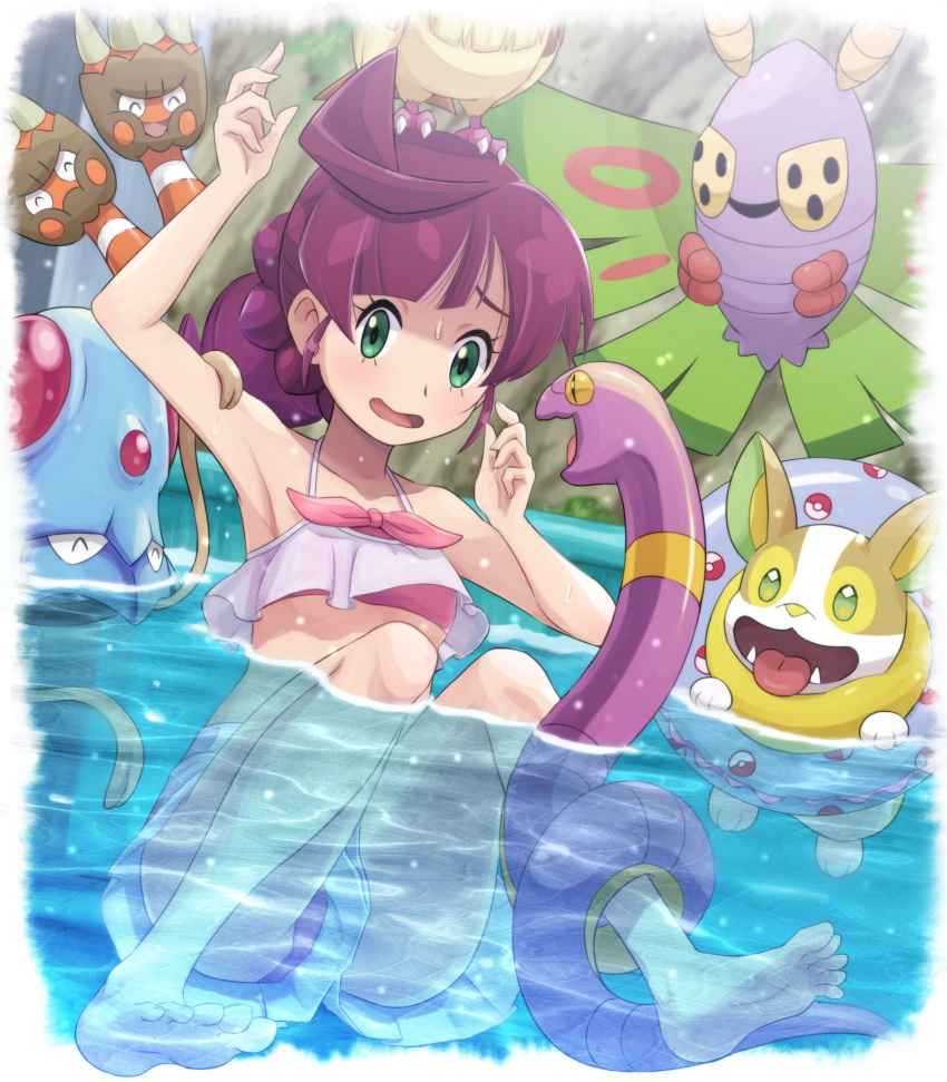 1girl absurdres arm_up armpits bangs barefoot binacle blush commentary_request dustox ekans eyelashes gen_1_pokemon gen_3_pokemon gen_6_pokemon gen_8_pokemon green_eyes hand_up highres innertube long_hair on_head open_mouth outdoors pidgey pink_ribbon pokemoa pokemon pokemon_(anime) pokemon_(creature) pokemon_on_head pokemon_swsh_(anime) redhead ribbon sakuragi_koharu soles swimsuit tentacool toes tongue water yamper