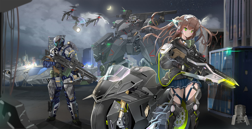 1boy 1girl android brown_hair drone green_eyes ground_vehicle gun highres holding holding_gun holding_weapon mecha mechanical_ears motor_vehicle motorcycle msz0062zeta2 original power_armor science_fiction weapon